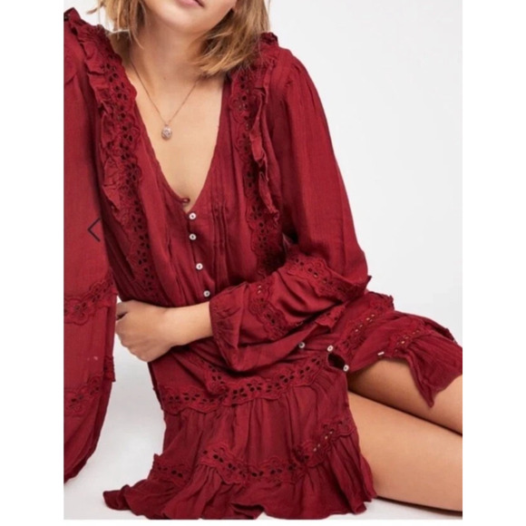 Free People Snow Angel Mini Dress XS Burgundy Feminine Boho Romantic Ethereal - Picture 13 of 15